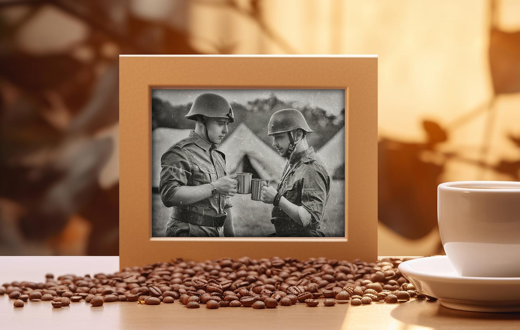 Framed photo of two soldiers drinking coffee